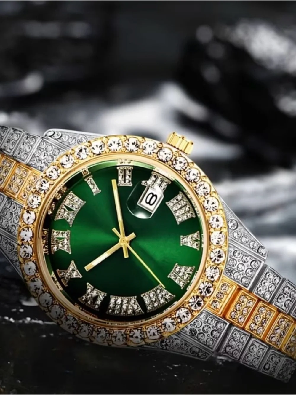 Gold-Tone Iced Out Watch with Green Dial and Crystal Accents
